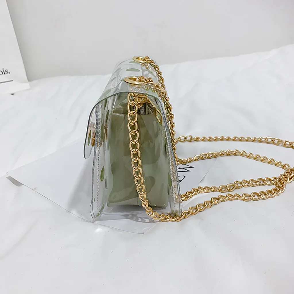 Прозрачная женская сумка через плечо саквояж на цепочке в горошек квадратная