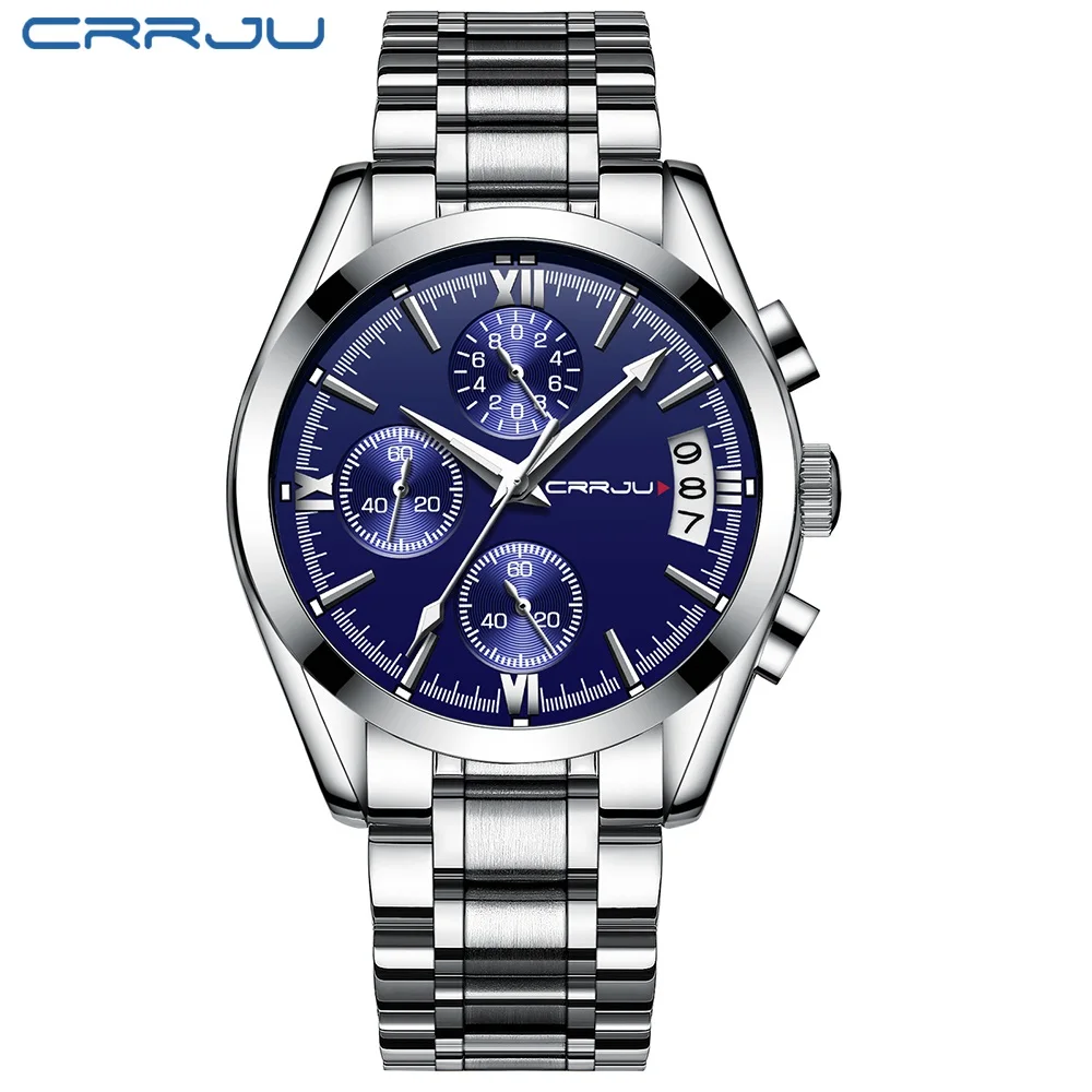 silver blue S Мужские часы, мужские часы CRRJU, розовое золото и черный цвет, мужские часы, Топ бренд, роскошные спортивные часы,, Reloj Hombre, водонепроницаемые - Цвет: silver blue S