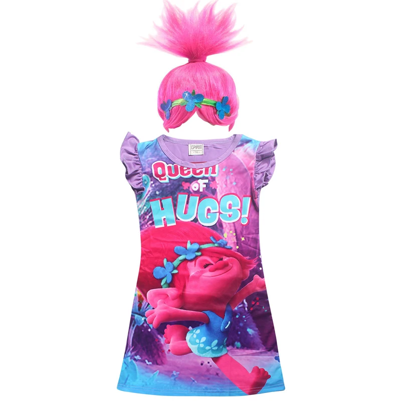 2019 Summer Girl Dress Trolls Clothes Poppy Party new trolls Wig +dresses set Children Costumes For Girls Carnival Kids | Детская одежда