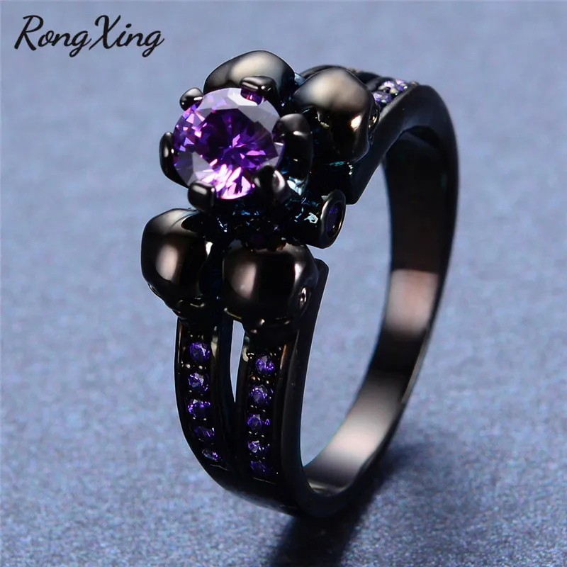 RongXing Круглый Белый огненный опал кольца с черепом для женщин черное золото заполнены фиолетовый/красный/синий/зеленый циркониевый камень кольцо в стиле панк; бижутерия
