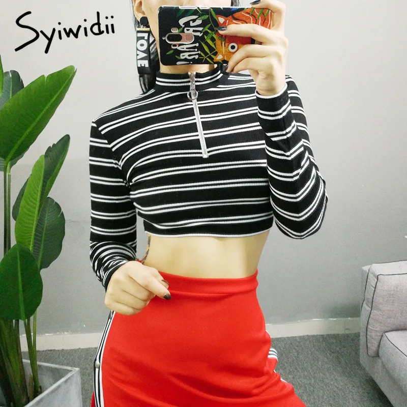 Crop Sweater Short Sweaters Fashion 2019 Women Black White Striped Long Sleeve Womens Zipper Turtleneck Plus Size S-XL | Женская одежда