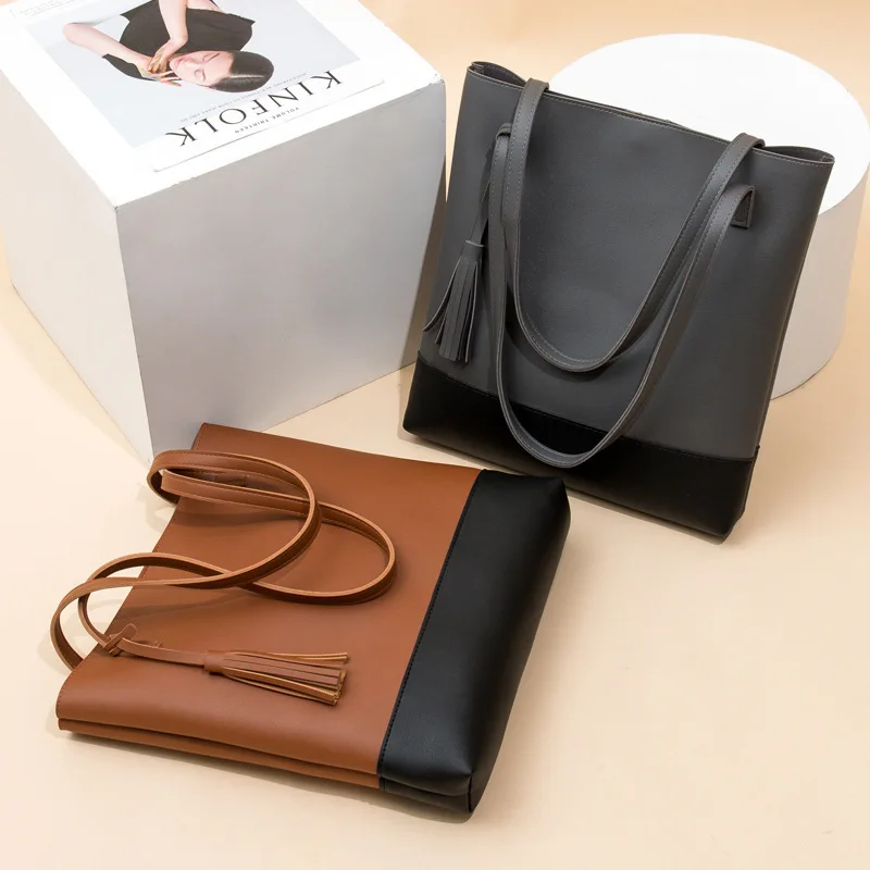

BONAMIE Pink Vintage Patchwork Leather Shoulder Bag For Women Female Tassel Pendent Retro Tote Handbag Fashion Lady's Bucket Bag