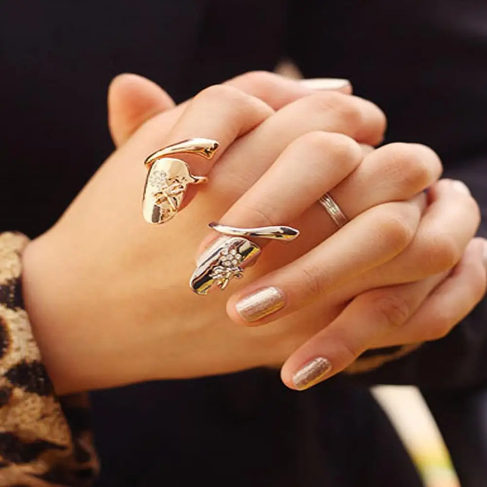 

Fashion Trendy Delicate Dragonfly Refined Rhinestone Flower Finger Nail Ring 2 Colors Gift Wholesale Punk Popular