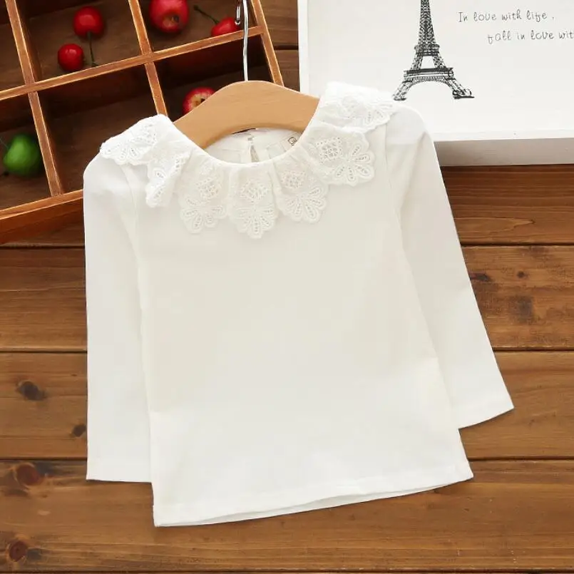 Футболки для маленьких девочек кружевные рубашки с длинным рукавом белая блузка