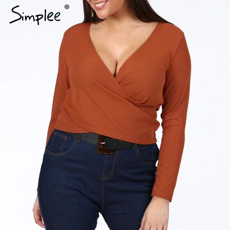 Simplee Elegant V neck women plus size blouse Long sleeve cross criss black spring top Sexy casual solid female tops blouses | Женская