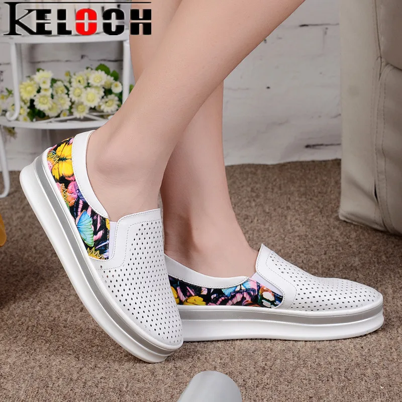Keloch/2017 Женская обувь без каблука на платформе Разделение кожаные женские