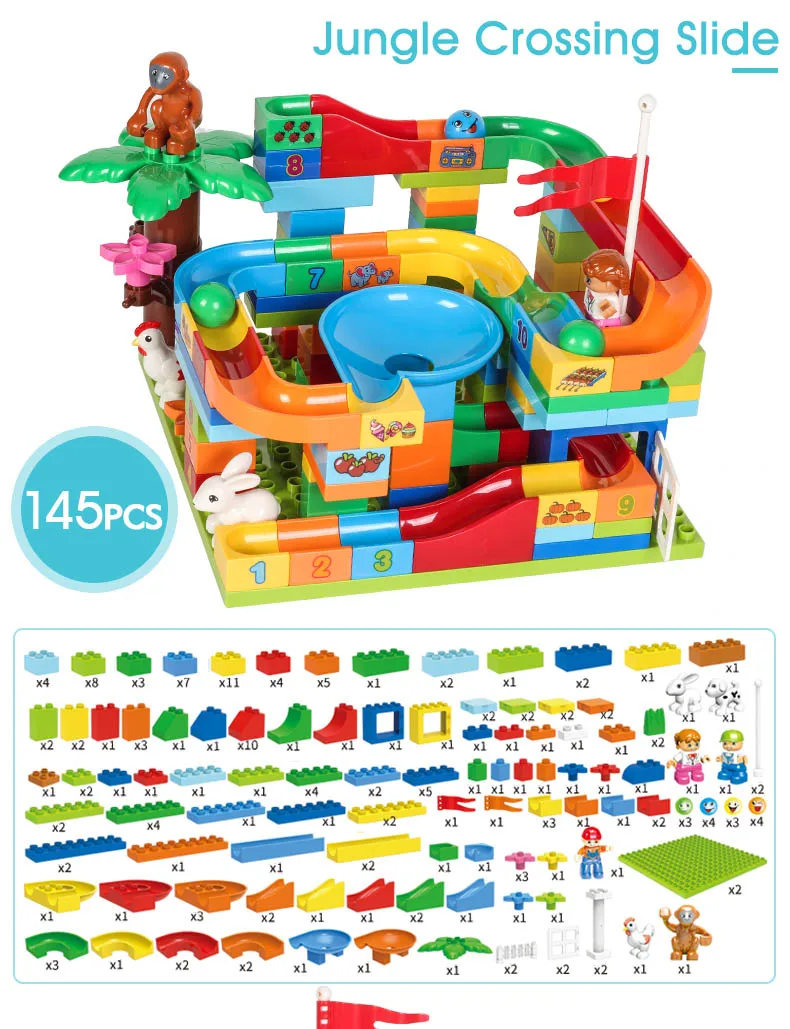 145PCS Jungle Crossi 95-192 шт мраморные гоночные строительные блоки лабиринт мяч слайд кирпичи трек большой размер пластиковая воронка слайдер путь игрушки для детей - Цвет: 145PCS Jungle Crossi