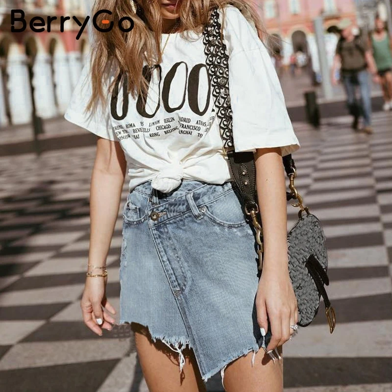 BerryGo Асимметричная джинсовая юбка, женские юбки, летняя уличная короткая мини-юбка, Женская Однотонная юбка на пуговицах с высокой талией, женские юбки