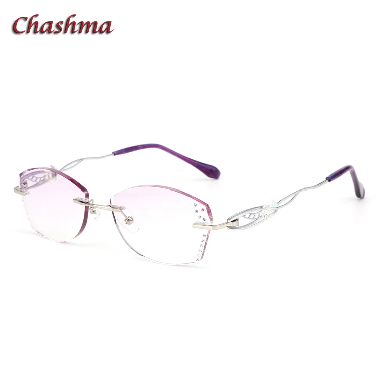 Бренд Chashma, тонированные линзы, модная оправа для очков, lunette de vue femme, без оправы, титановые очки, женские Стразы, серые, Красные линзы - Цвет оправы: Серебристый