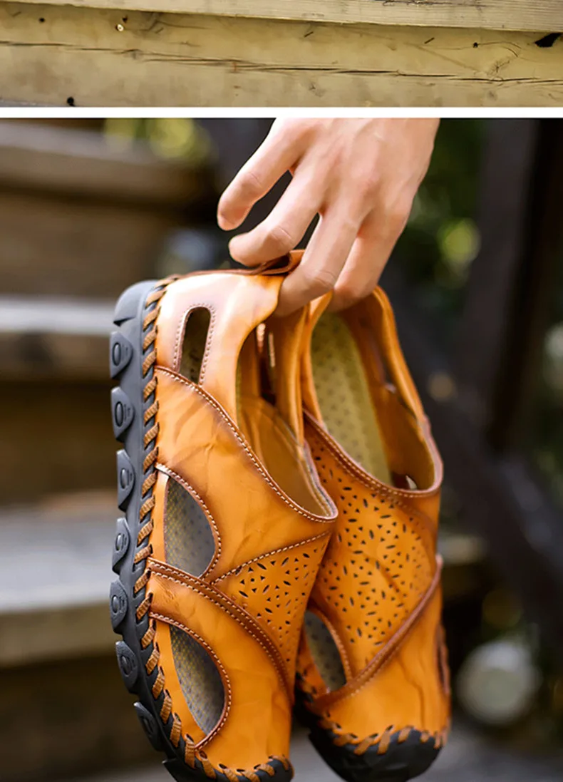 New Summer Sandals Mens Breathable High Quality Genuine Leather Sandals Man Flats Plus Size Fashion Casual Beach Men's shoes