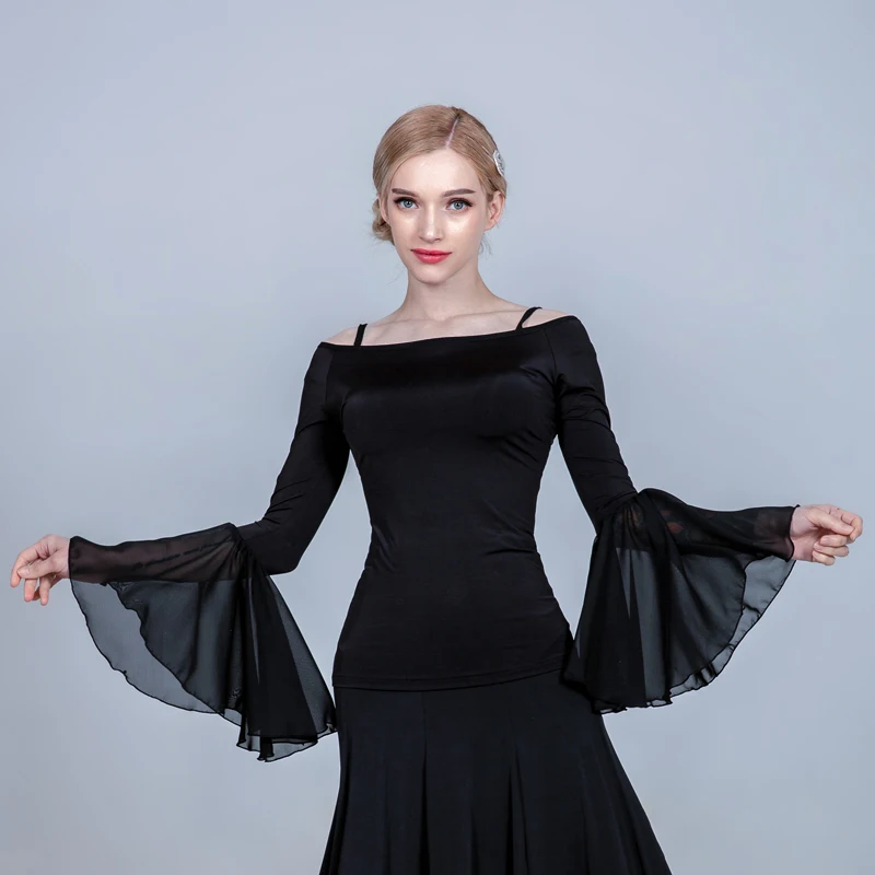 black top Женские юбки для танцев, Одежда для танцев, длинная стандартная юбка для танцев, юбка для фламенко, танцевальный Топ, одежда для бальных танцев, костюмы для вальса - Цвет: black top