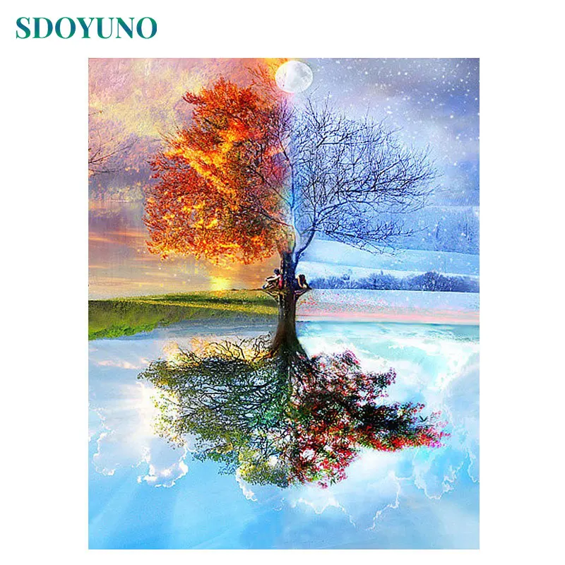 801 SDOYUNO, четыре сезона, дерево, 60x75 см, сделай сам, картина в рамке по номерам для взрослых, украшение для комнаты, домашний декор, цифры, живопись, подарок - Цвет: 801