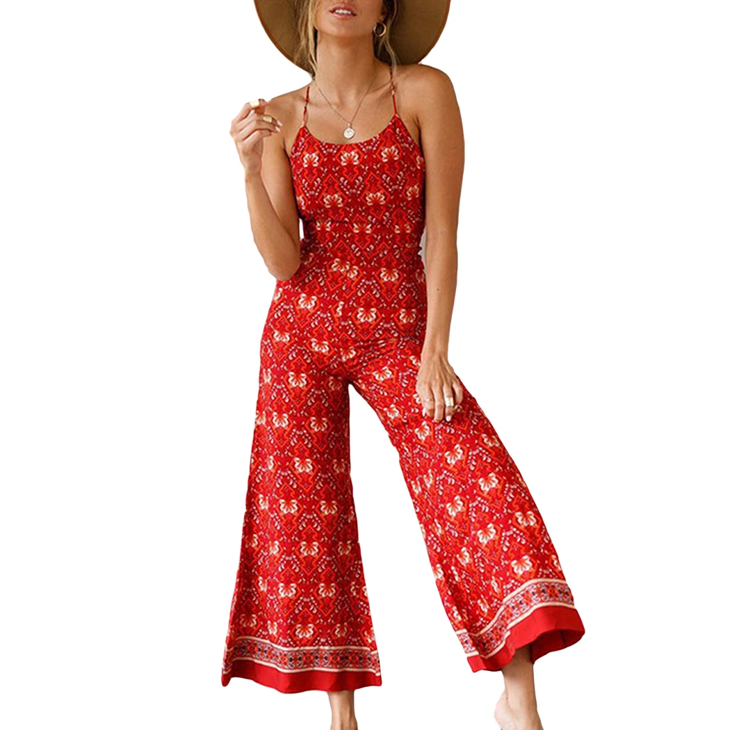 Summer Rompers Womens Jumpsuit Sexy Backless Spaghetti Strap Long Playsuit Wide Leg Pants Sleeveless Print Boho Beach Overalls | Женская