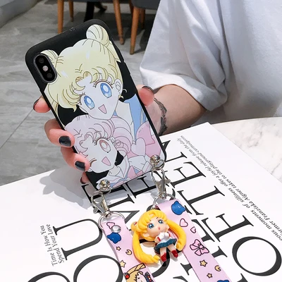As shown in Для iPhone XR милый 3D Сейлор Мун чехол для телефона для iPhone X XS Max 4S 5S SE 6S 6plus 7plus 8 plus мультяшная задняя крышка+ ремешок+ игрушка - Цвет: As shown in