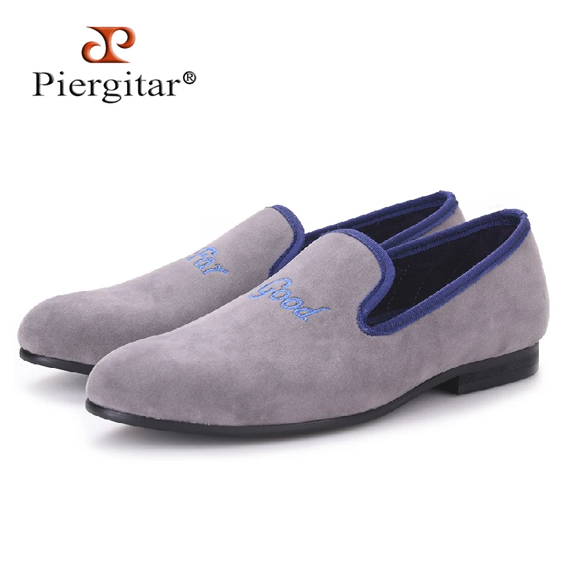 

Piergitar fashion Handmade men grey color velvet shoes embroidered different words prom and banquet Loafers men casual flats