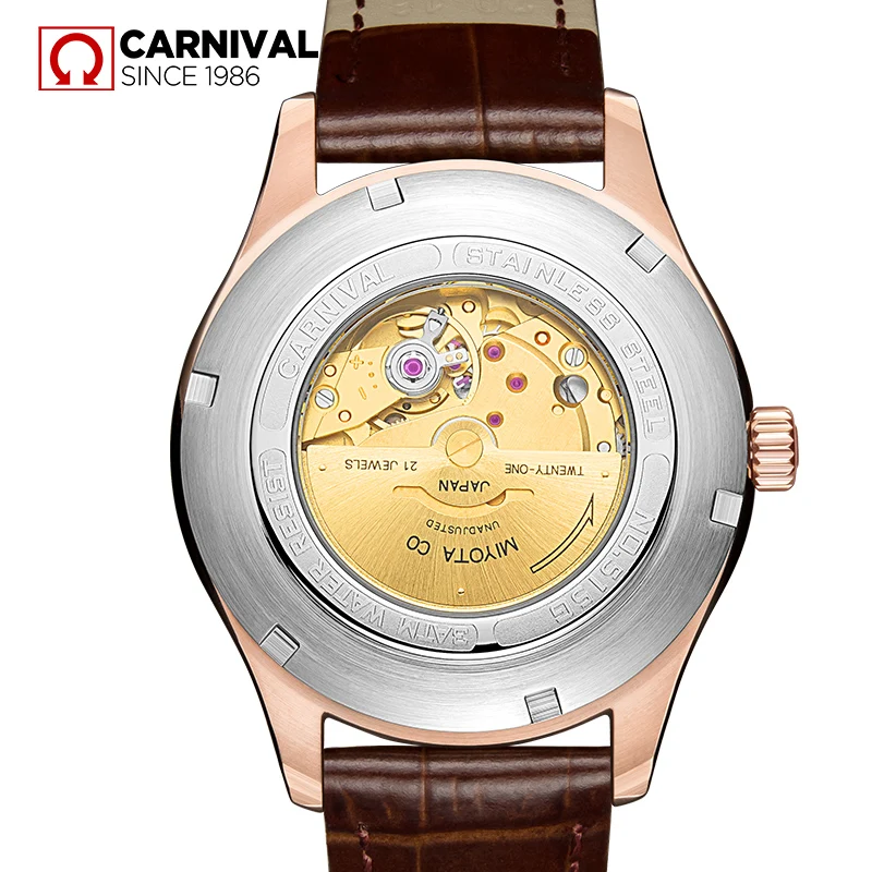 Автоматические часы Carnival 3D с рисунком курицы мужские кожаным ремешком