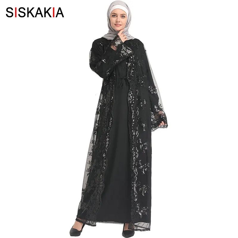 Siskakia Дубай элегантный кардиган Jubah арабский турецкий женский абайя верхняя одежда модный тонкий кружевной сетки Hox Fix Роскошные Блестки