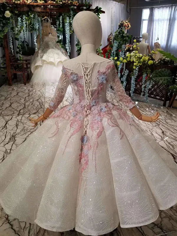 as picture HTL0540 бальное платье, пышные платья для девочек, Розовое Кружевное голубое платье с цветами, платье для причастия, vestidos de primera comunion,, манга, Ларга - Цвет: as picture