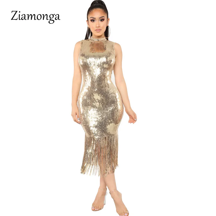 Ziamonga Сексуальная кисточкой платье с золотыми блестками Для женщин осень-весна
