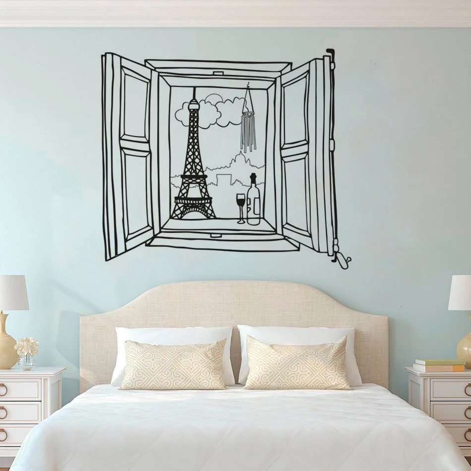

Paris Window Scenery Wall Sticker Famous Tower Vinyl Wall Decals Home Interior Decoration Wine Travel Style Poster AZ727