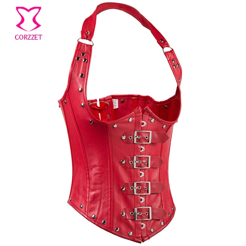 Corzzet Burlesque Красная кожаная лямка под бюст стимпанк Корсеты и бюстье Талия для
