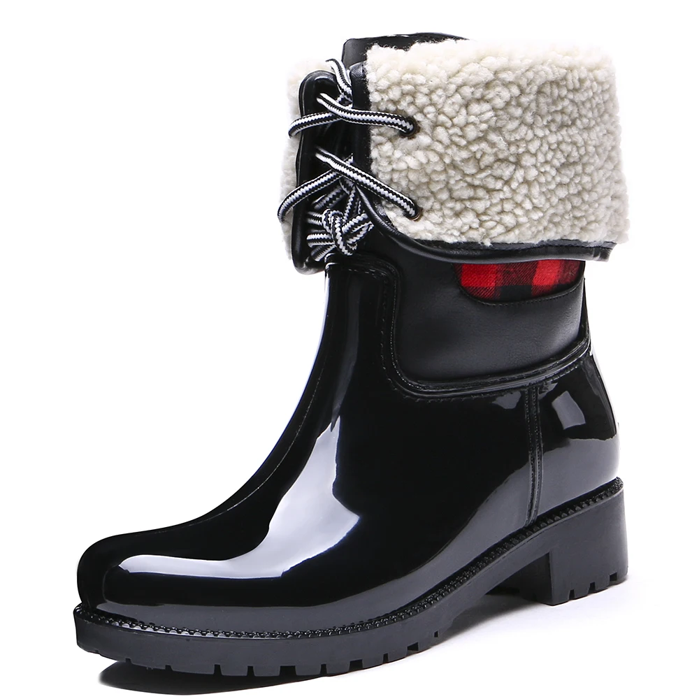 

TONGPU Women's Mid-Calf Warm Lining Lace-Up Waterproof Rain Boots ECO-PVC Outdoor Snow Boots 20-308
