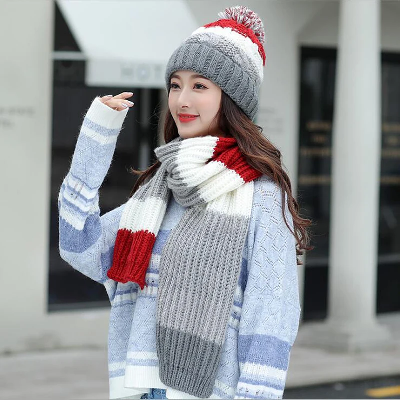 

Women Hats 2021 Winter Fashion Brand Hats Scarf Knitting Hat 2 Piece Ladies Girl Gorros Casual Cap Chapeu Feminino Bone