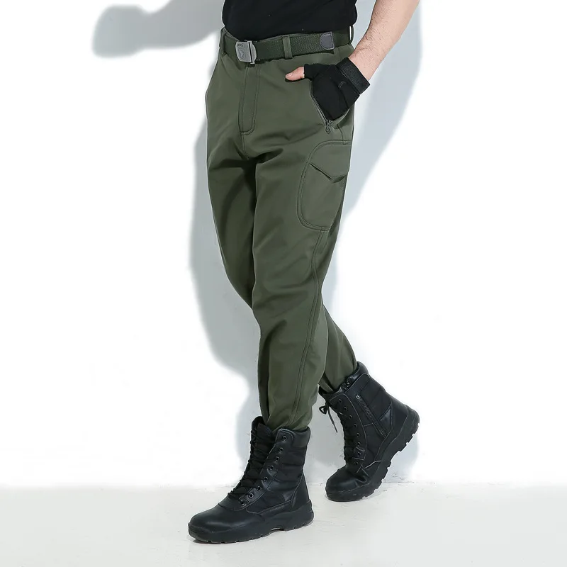 Army green Мужские зимние повседневные штаны, камуфляжные, софтшелл, Карго, военные, тактические, камуфляжные, для бега, мужские, водонепроницаемые, теплые, флисовые, армейские брюки - Цвет: Army green