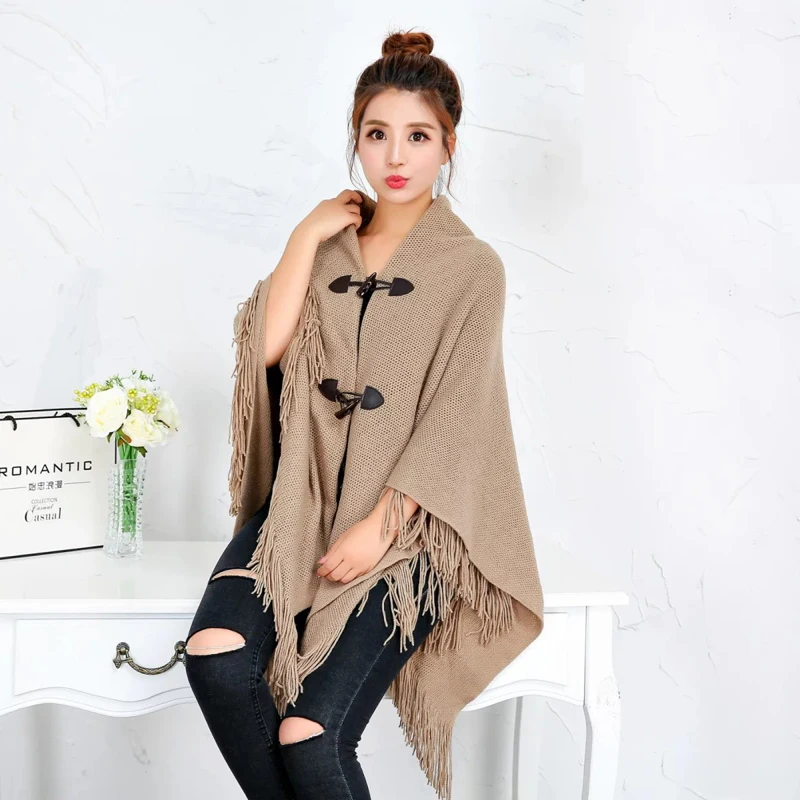 Новое поступление модное женское пончо с бахромой однотонная осенне зимняя шаль