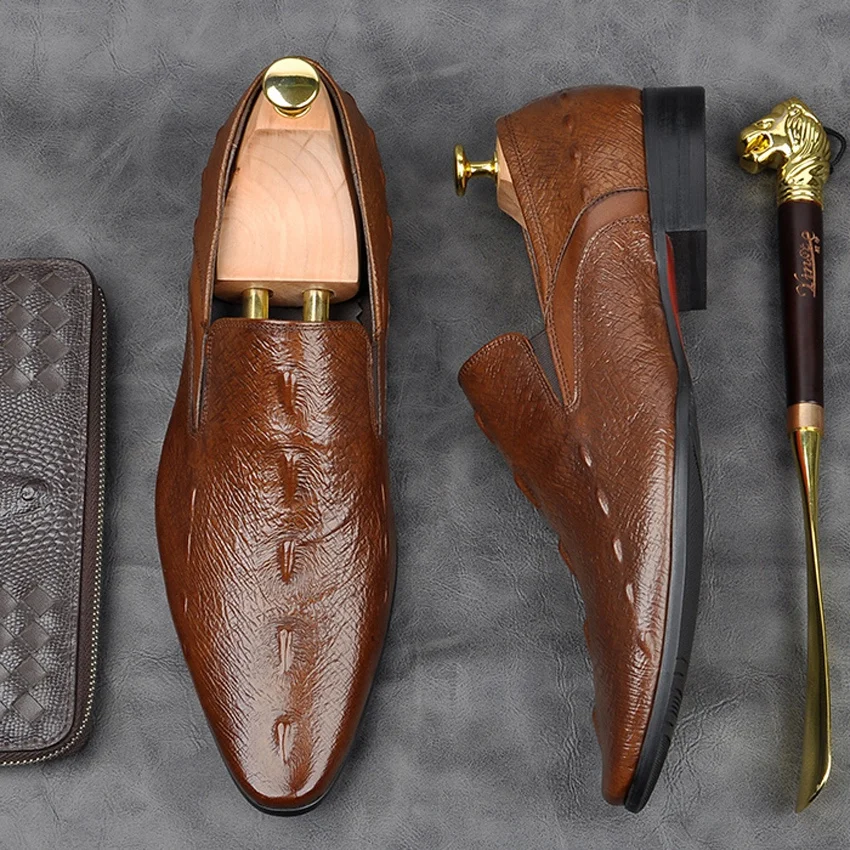 

New Italian Genuine Leather Men's Comfortable Shoes Alligator Pattern Pointed Toe Slip on Casual Office Loafers AM190
