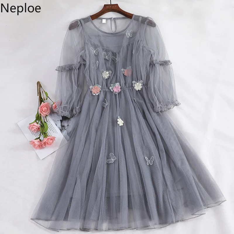 Neploe/весеннее милое платье для девочек, приталенное платье, Vestido+ Camis, 2 предмета, г., вышивка, Бабочка, круглый вырез, рукав-фонарик, сетка, Jupe 43016