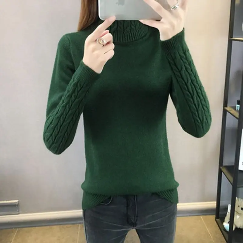 Женский плотный теплый свитер с высоким воротником вязаный пуловер трикотажный