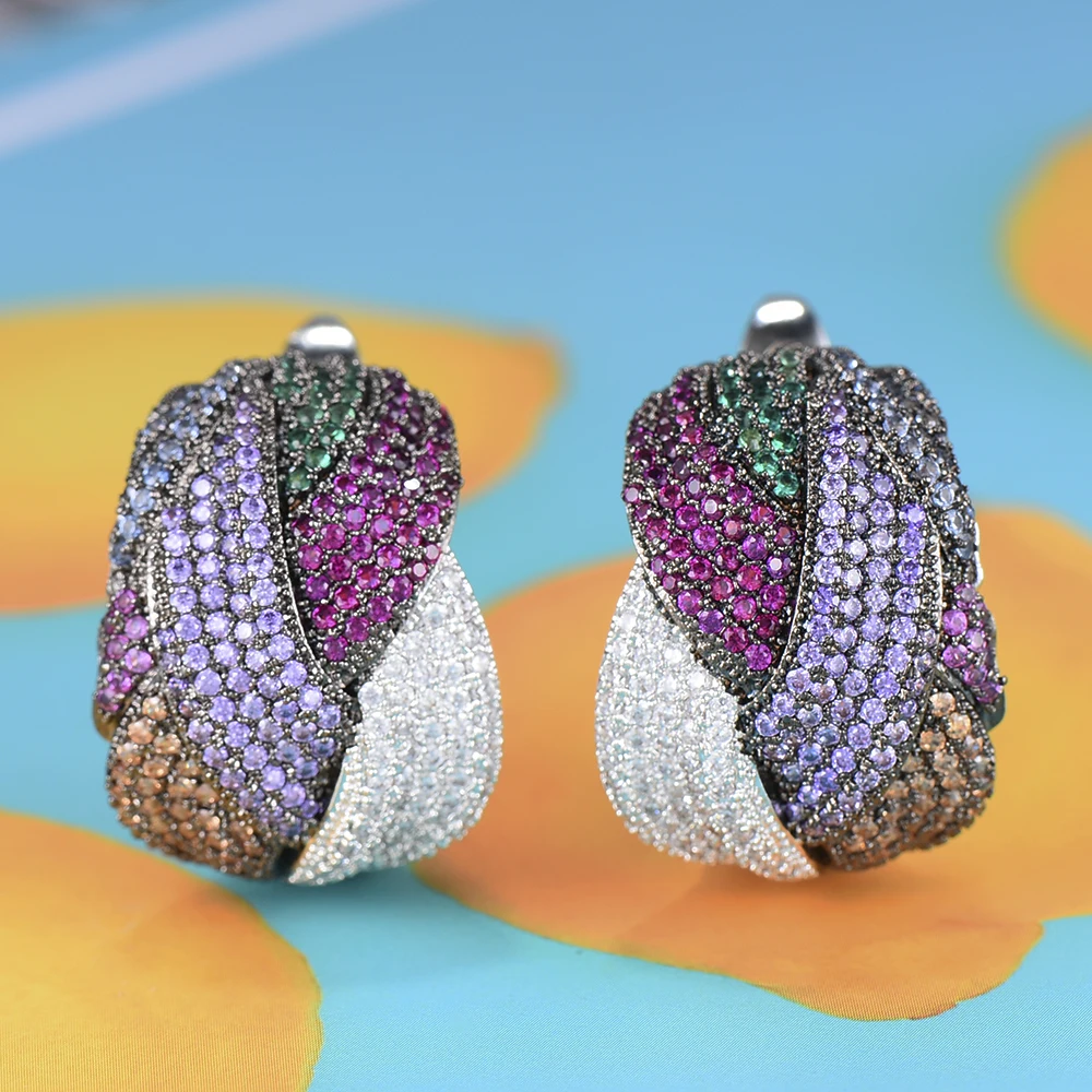 

GODKI 25mm Luxury Twist Braided Cross Lines Colorful Full Mirco Pink Cubic Zircon Dangle Earring For Women Wedding Bohemia Hot