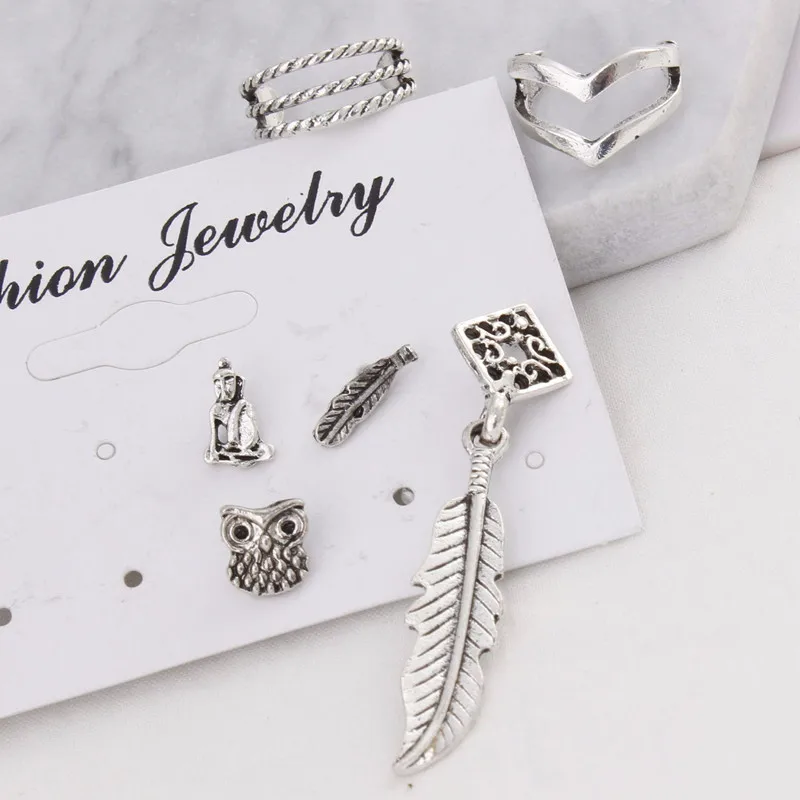 Fashion 7PCS Boho Earrings Set Feather Buddha Owl Leaves Moon Ancient Silver Color Stud Earring Ear Cuff Vintage Beach Jewelry | Украшения