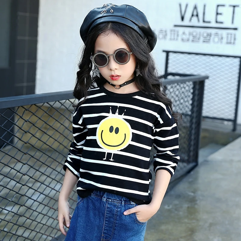 Полосатый Прекрасный футболка для Обувь девочек осенняя одежда Школьный костюм