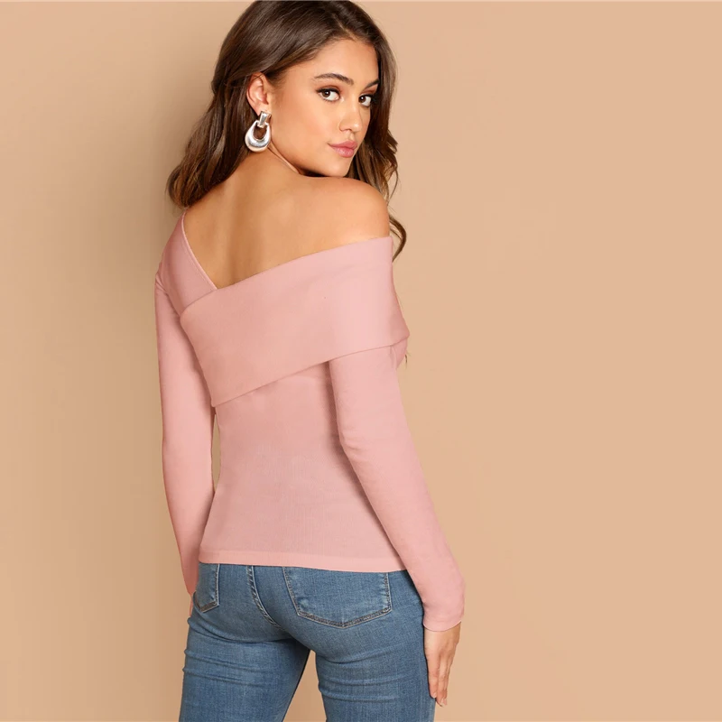 SHEIN, белая Асимметричная Однотонная футболка с круглым вырезом, вязанная в рубчик, приталенный, вечерние, Повседневный пуловер, рубашка с длинным рукавом, осень, женская футболка, Топ
