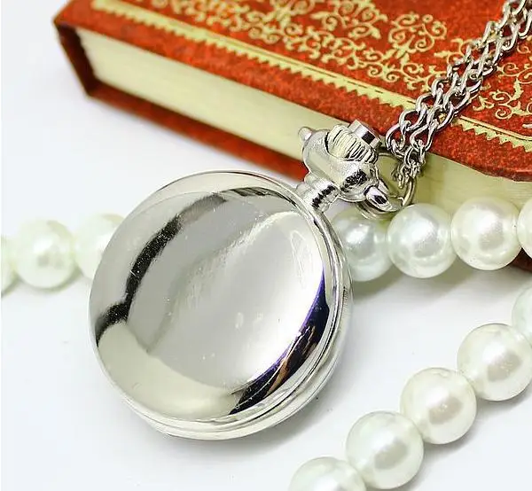 

10 pcs /lot good quality silver colorful bamboo drawing pocket watch necklace hour clock with chain