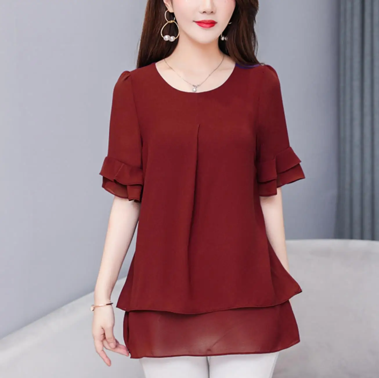 Женская блузка с коротким рукавом 5XL элегантная шифоновая размера плюс лето