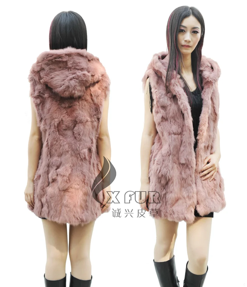 Женский жилет из искусственного меха Длинный с капюшоном и кроличьим мехом без