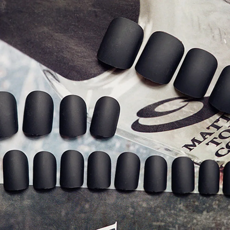 24 шт. матовые накладные ногти черного цвета с полным покрытием Короткие круглые