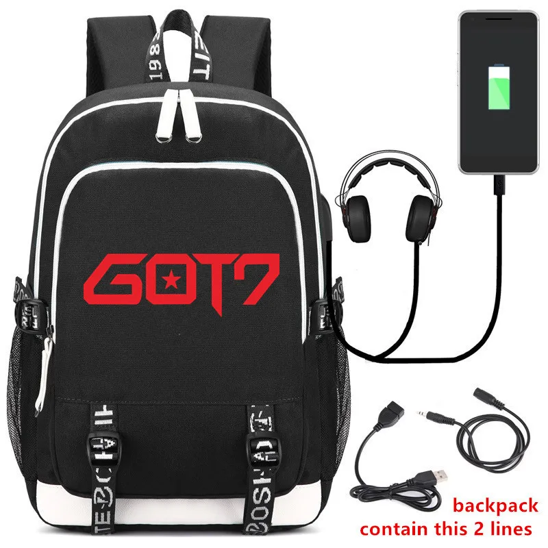 GOT7 идол группа рюкзак сумка с модным USB-портом/замком/интерфейсом для наушников