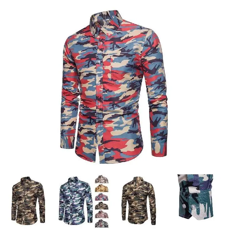 Мужская рубашка с отворотом и длинным рукавом камуфляжным принтом Повседневная