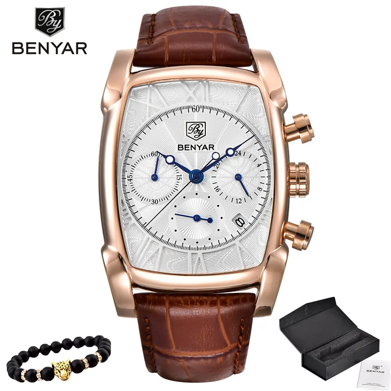 5113-Gold white BENYAR военные мужские золотые часы Топ люксовый бренд хронограф кварцевые часы кожаные армейские мужские наручные часы Relogio Masculino - Цвет: 5113-Gold white