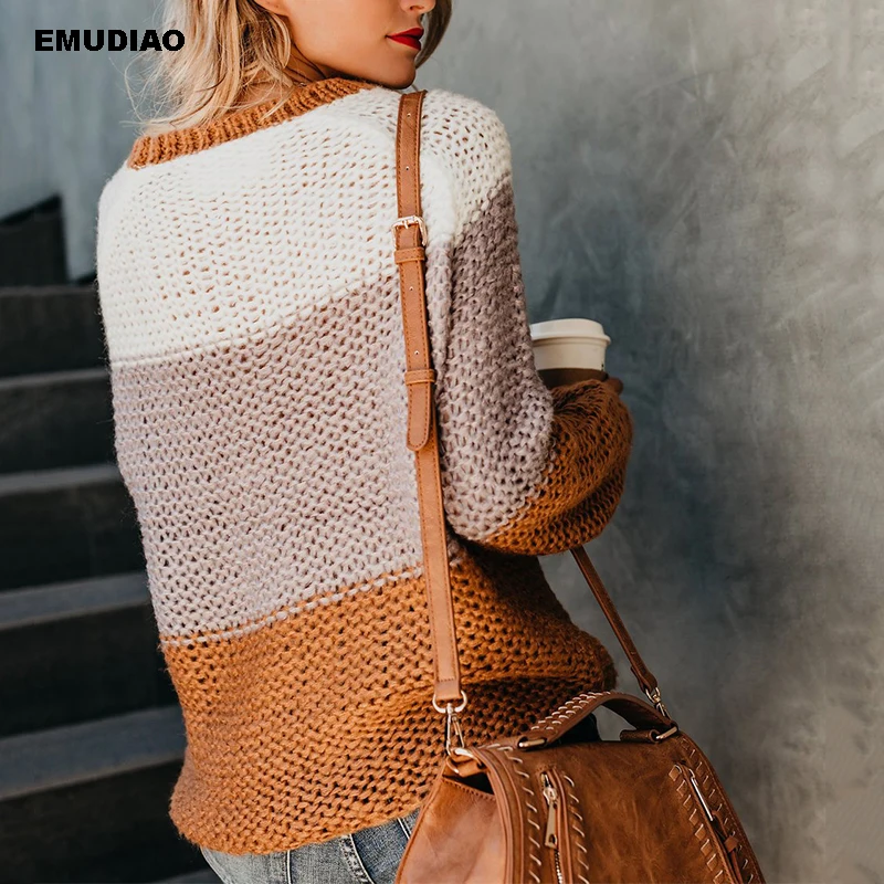 Полосатый вязаный свитер в стиле пэчворк Женский Длинный трикотажный пуловер