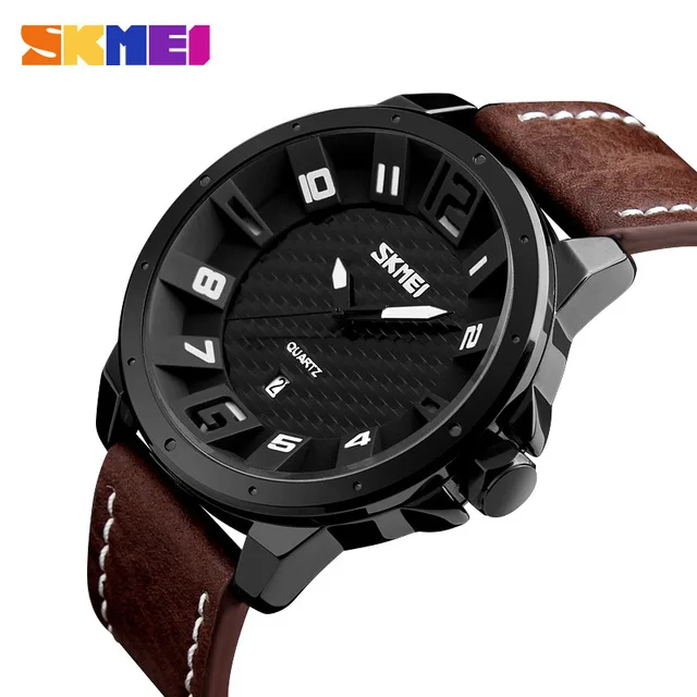 Brown SKMEI Роскошные брендовые военные часы Мужские кварцевые аналоговые 3D часы с кожаным циферблатом мужские спортивные часы армейские часы Relogios Masculino - Цвет: Brown