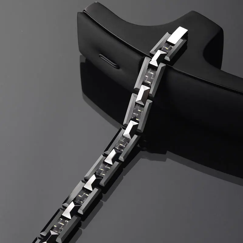 Мужской черный браслет из керамики и вольфрама H Style инкрустация углеродного