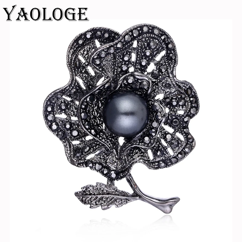 YAOLOGE Винтаж Стиль имитация жемчуга брошь в виде цветка элегантные черные стразы