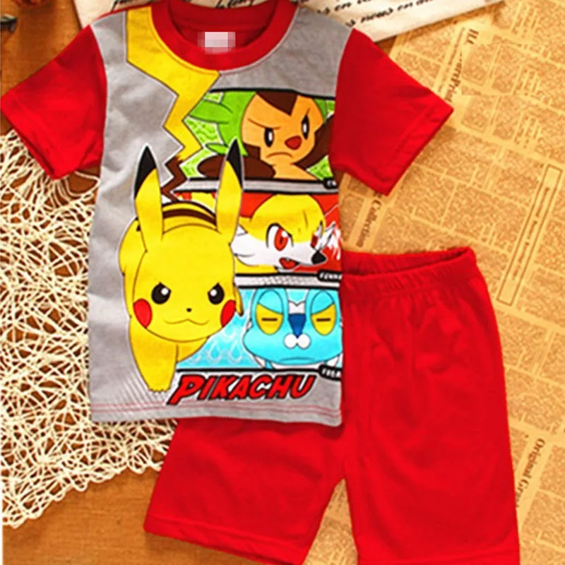 Летний хлопковый костюм Pokemon Pikachu для мальчиков комплект из 2 предметов футболка +