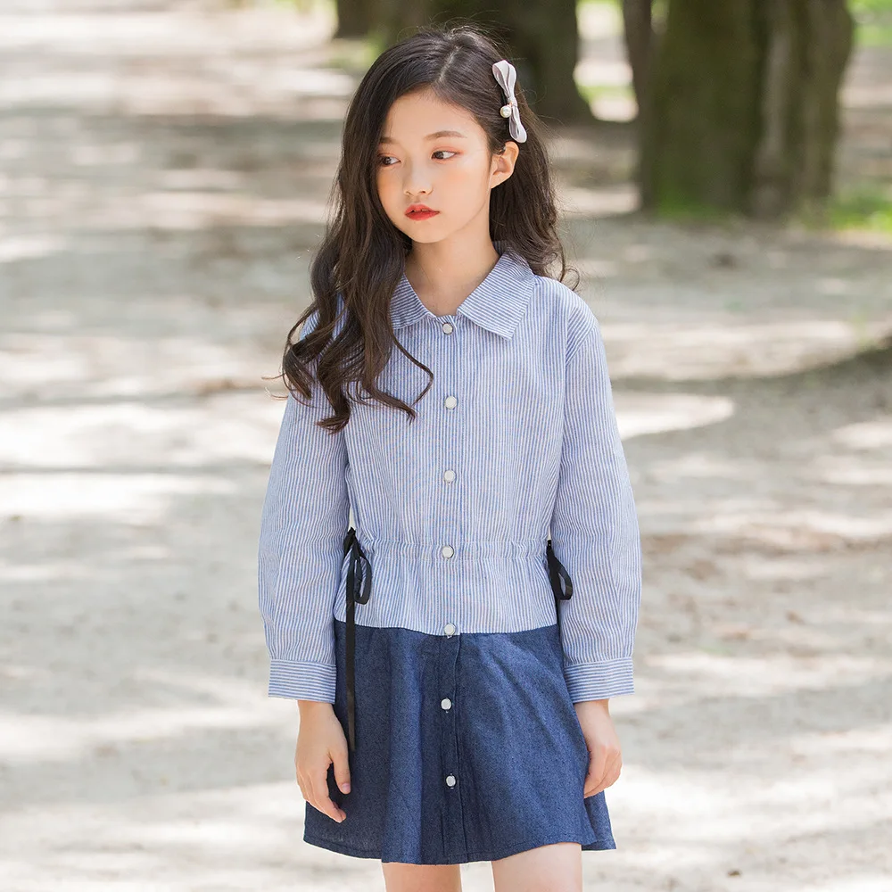striped cotton shirt dresses age for 8 - 16 yrs teenage girl long sleeve dress 2018 school style autumn winter frocks girls | Детская