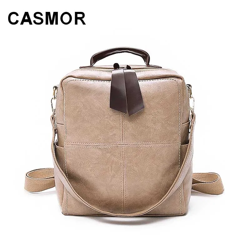 CASMOR, зимний женский винтажный рюкзак из искусственной кожи, большая вместительность, школьная сумка для подростков, рюкзаки высокого качества - Цвет: Хаки